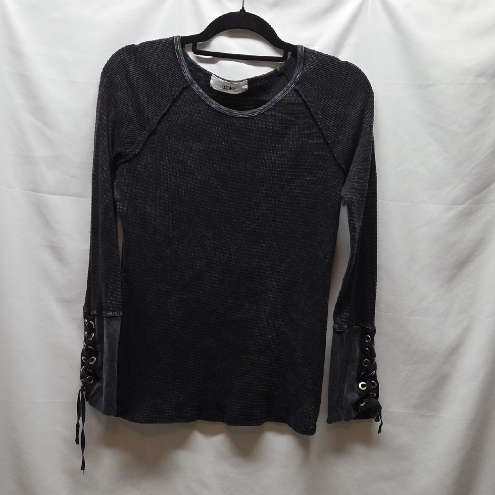 American Able Thermal Long Sleeve Black Distressed Silver Eyelets With Tie Sleev